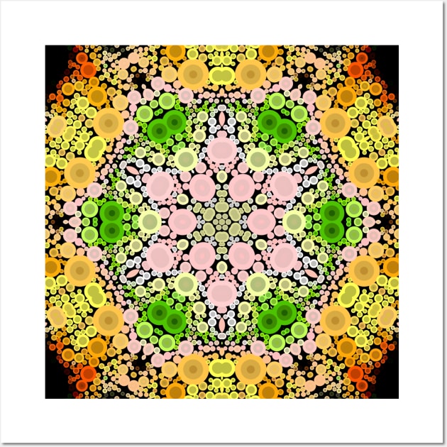 Dot Mandala Flower Pink Green and Yellow Wall Art by WormholeOrbital